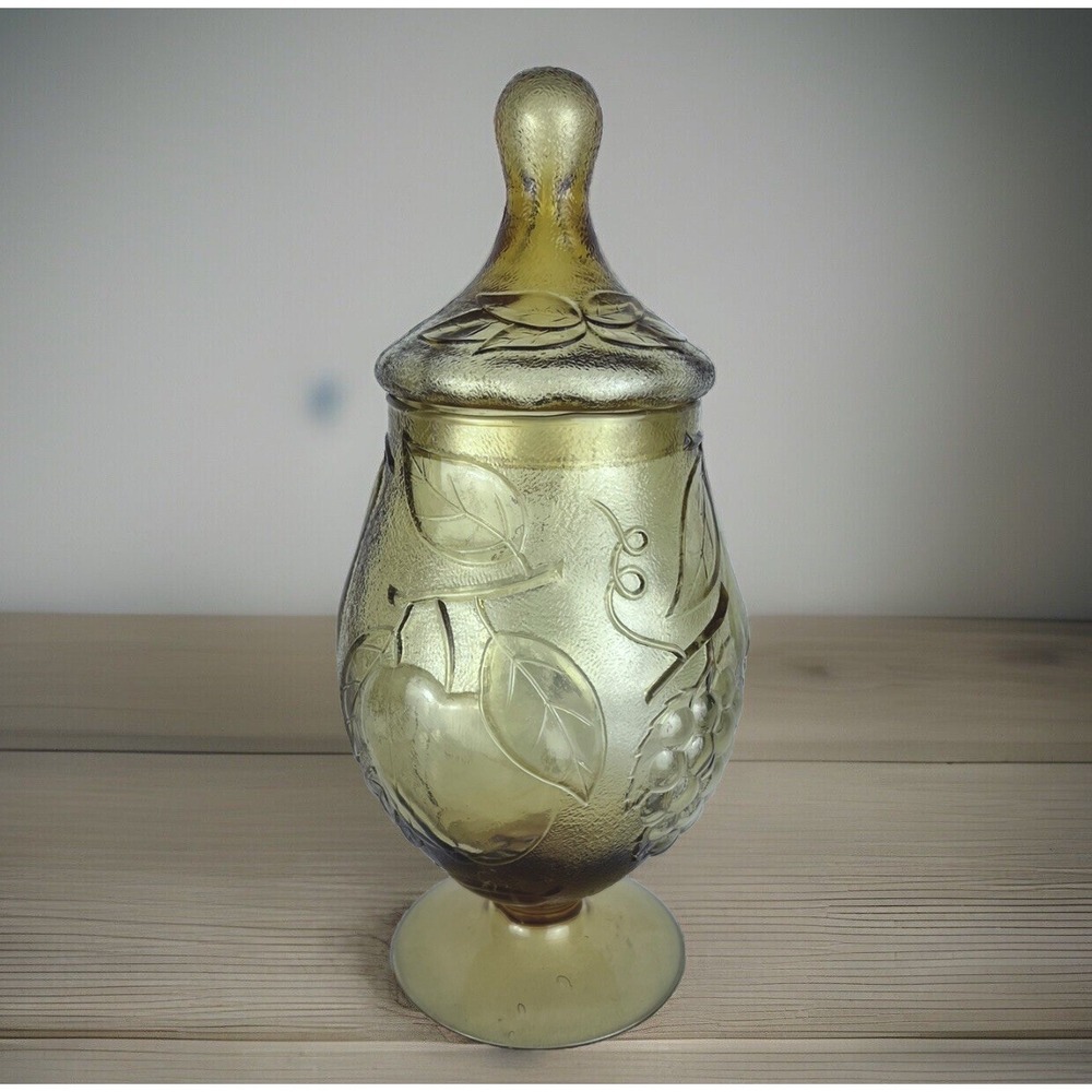 Vintage Mid Century Modern Amber Italian Empoli Fruit Motif Apothecary Jar W/Lid